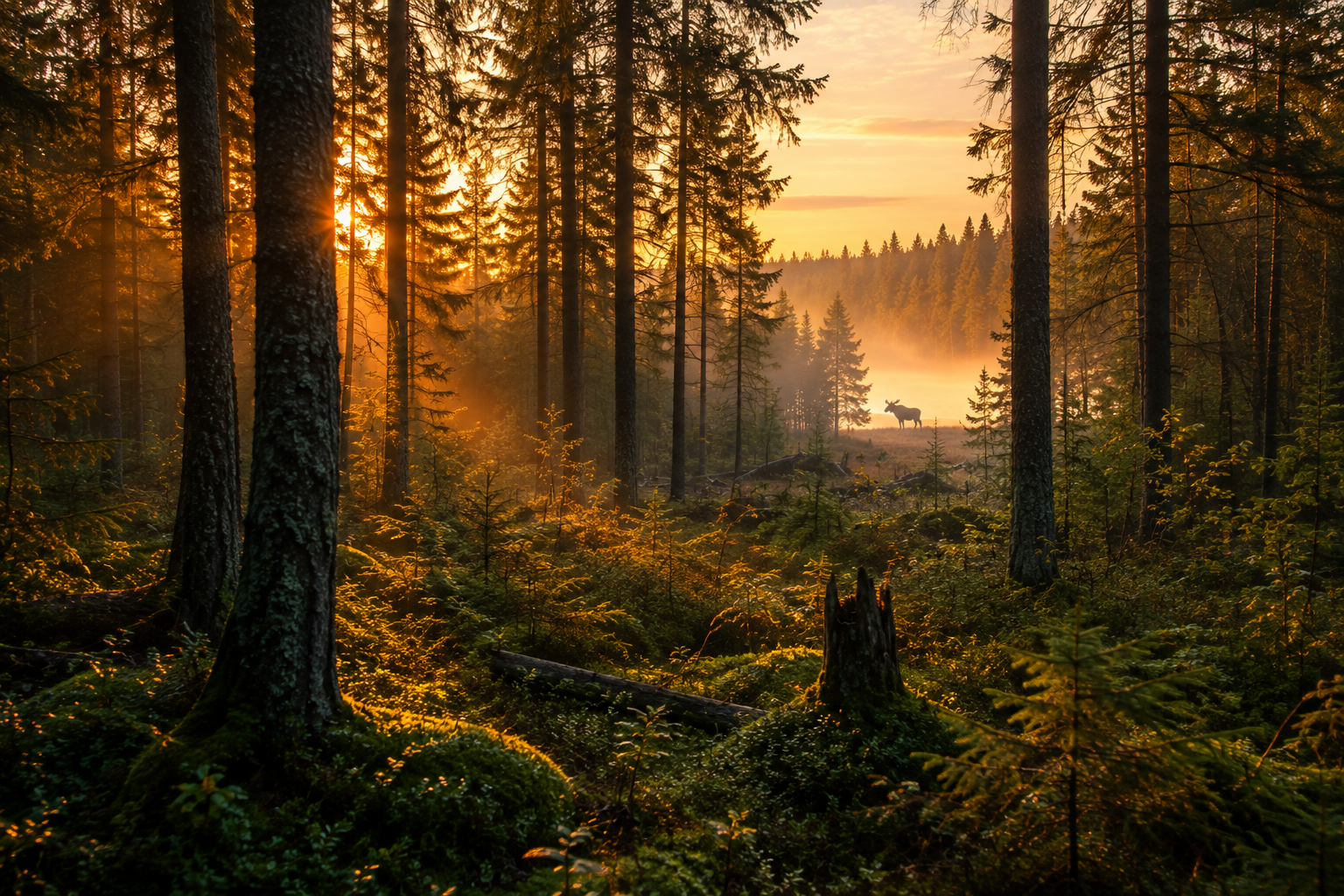 AI-generated Finnish forest sunrise