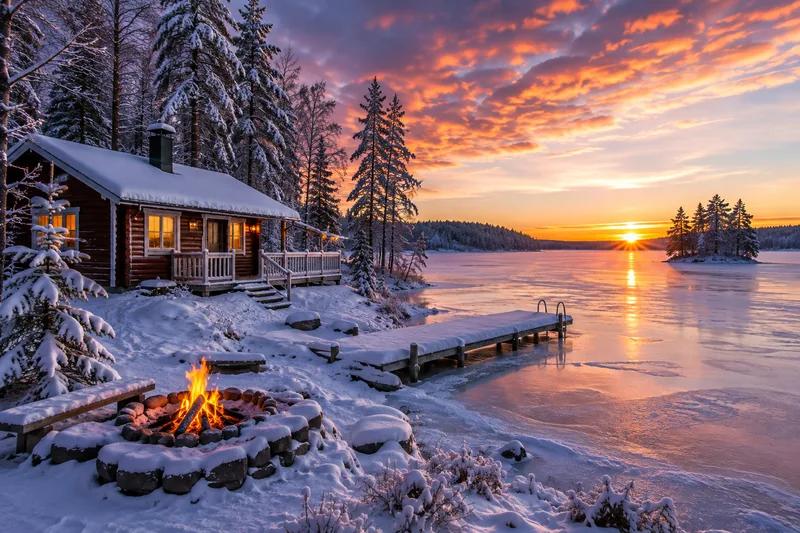AI-generated Winter Cottage Sunset