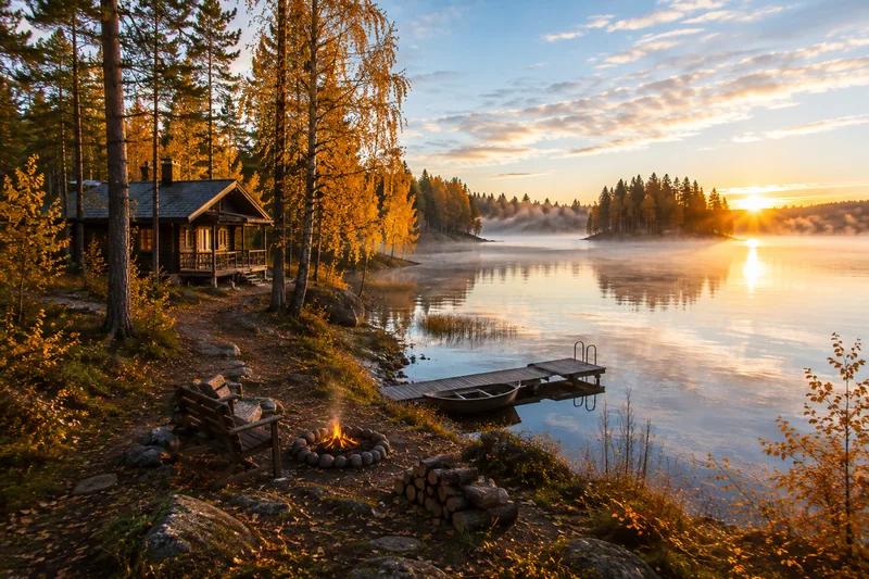 AI-generated Autumn Lakeside Cottage